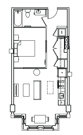 Floor plan for 1 bed, 1 bath, 659 sqft